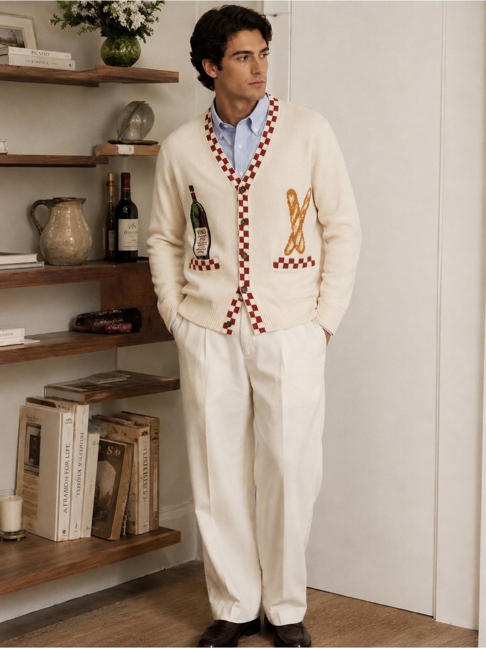 Rowing Blazers Men’s Cotton Linen Blend Wine & Bread Cardigan in Cream | M